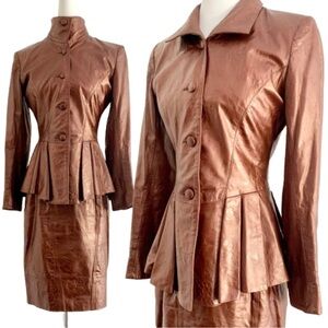 Vintage 80s Metallic Embossed Leather Peplum Blazer Skirt Suit Set Lillie Rubin